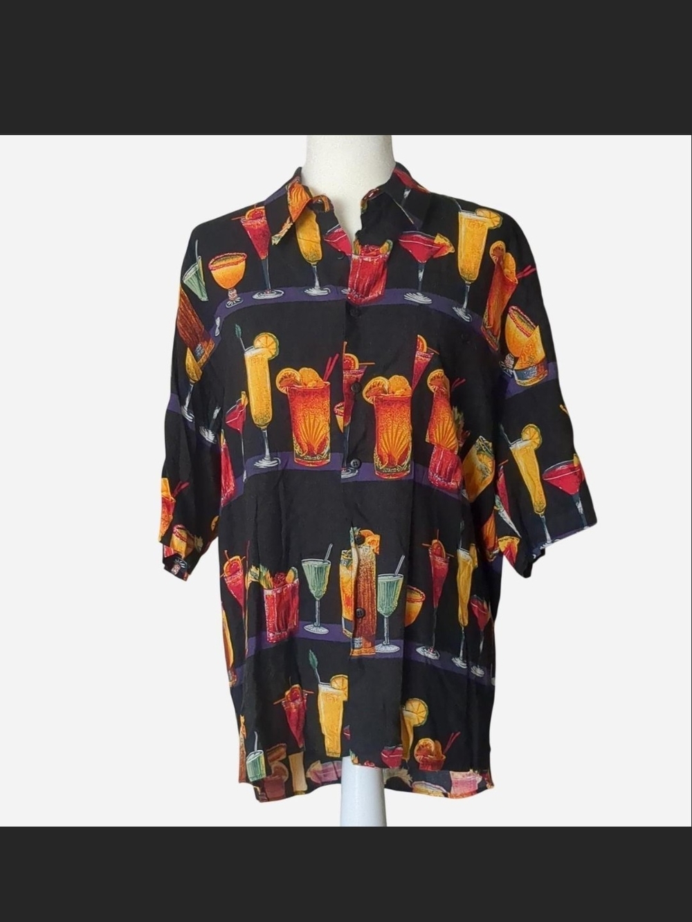 VTG 90s Monticerutti Cocktail Print Rayon Hawaiian Shirt Size L
